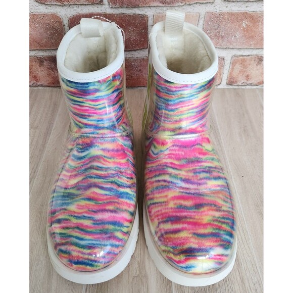 Ugg Rain Boots Women's Size 8 Classic Clear Mini Pixelate Rainbow Zebra Stripes - Picture 2 of 11